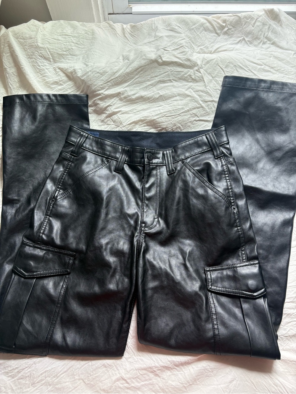 Black Faux Leather Cargo Pants